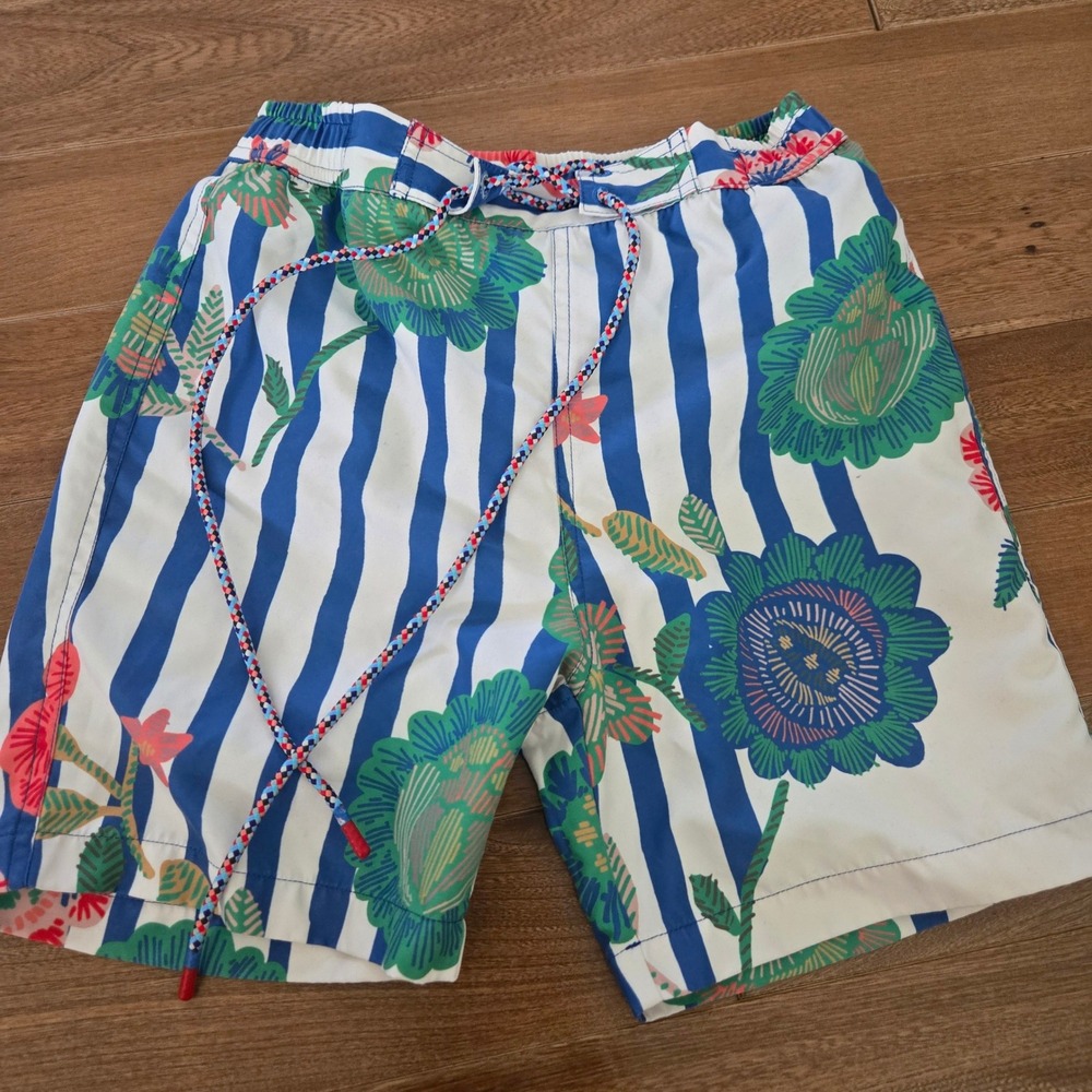 Tia Cibani Kids Blue White Striped Floral Swim Trunks Shorts Size 7/8 SS20